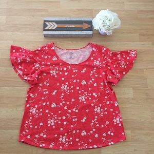 Ruffle Short Sleeve Flowered Blouse